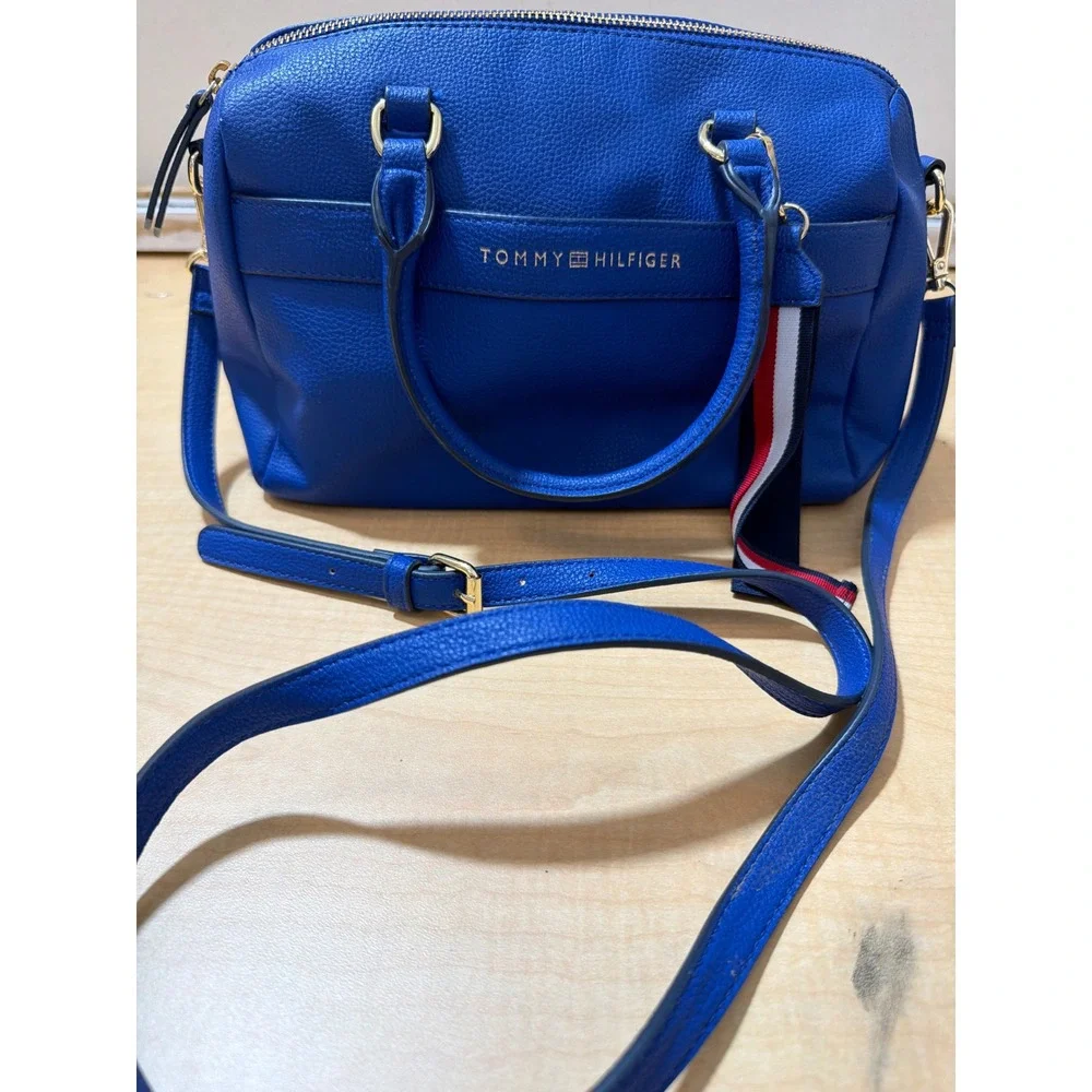 Tommy Hilfiger Blue Pebbled Satchel Crossbody Bag Gold Hardware Handbag